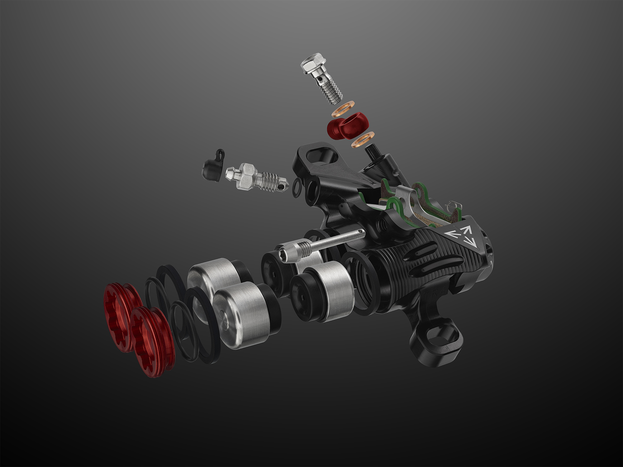 Powerful, compact four-piston caliper